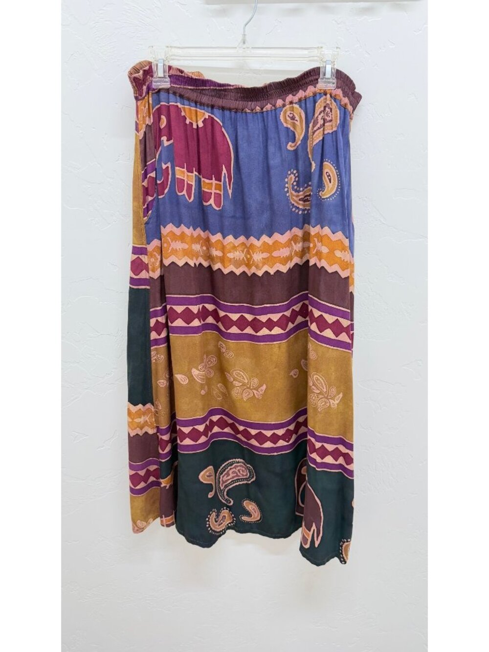 Boho Viscose Maxi Skirt with Side Pockets – Multicolor Tribal Elephant Print – U